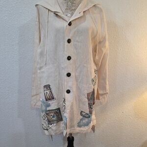 Blue Fish 100% linen hand-painted airplane passport button-down travel 1999